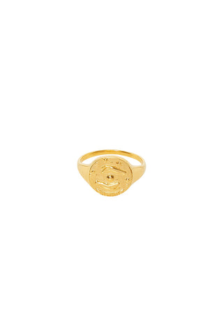 front-image-of-spell-s-gemini-stargazer-zodiac-ring-the-hand-crafted-ring-comes-in-22k-gold-vermeil-and-features-an-embossed-artwork-of-the-zodiac-sign