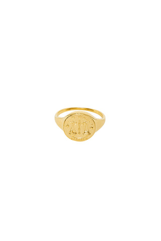front-image-of-spell-s-libra-stargazer-zodiac-ring-the-hand-crafted-ring-comes-in-22k-gold-vermeil-and-features-an-embossed-artwork-of-the-zodiac-sign