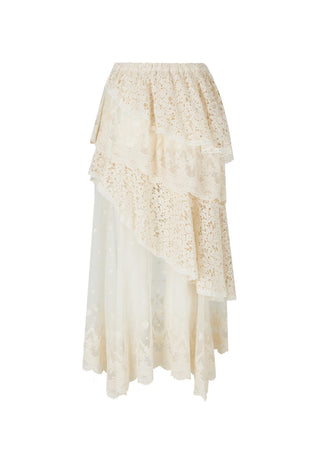 An off-white lace tiered skirt with an asymmetrical ruffle design, displayed against a solid white background.