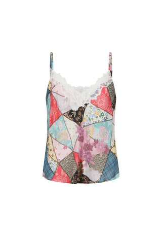 A women's camisole top with a colorful patchwork print featuring various floral and geometric fabric patterns, accented with white lace at the neckline and thin shoulder straps.